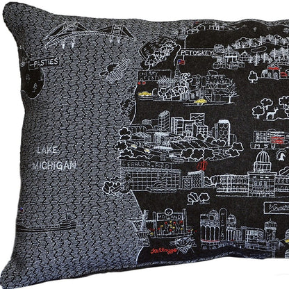 24" Black Michigan Lower Peninsula Nighttime Skyline Lumbar Decorative Pillow
