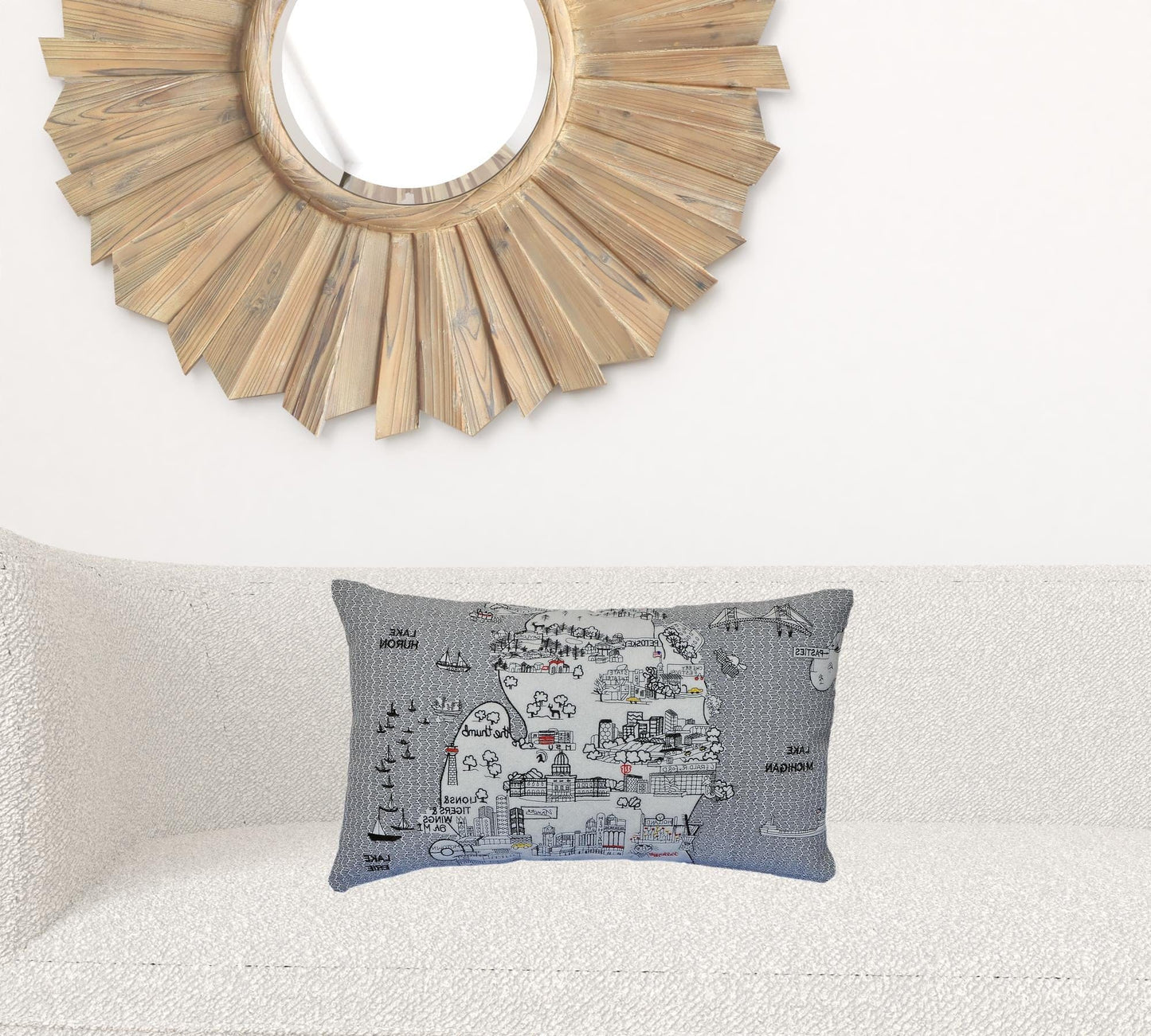 24" White Michigan Lower Peninsula Daylight Skyline Lumbar Decorative Pillow