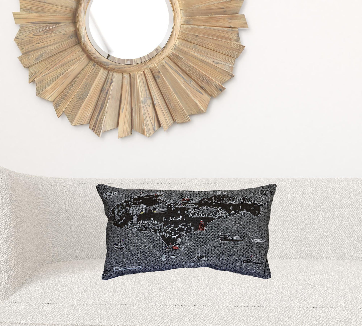 24" Black Michigan Upper Peninsula Nighttime Skyline Lumbar Decorative Pillow