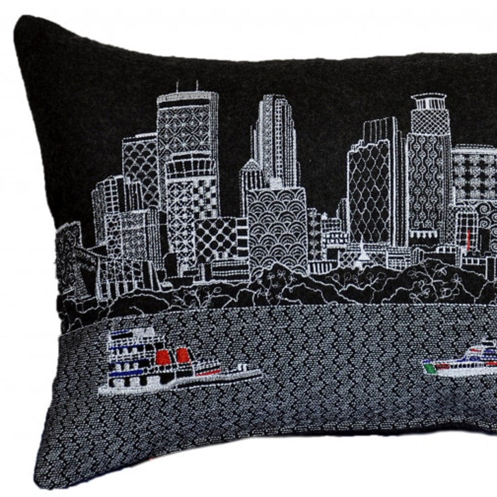 24" Black Minneapolis Nighttime Skyline Lumbar Decorative Pillow