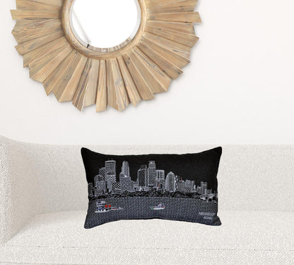 24" Black Minneapolis Nighttime Skyline Lumbar Decorative Pillow