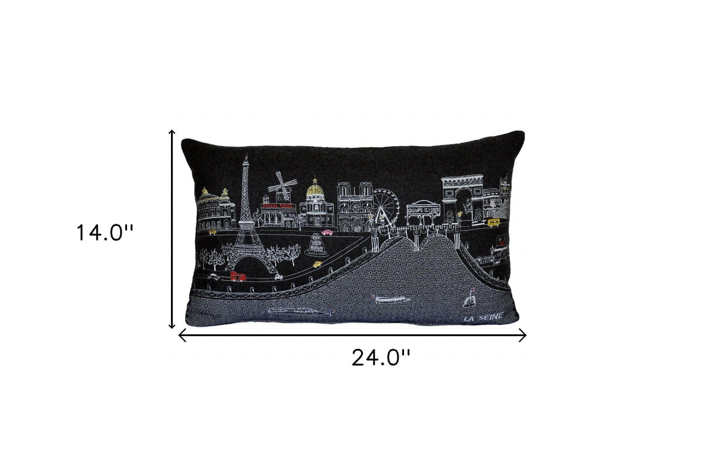 24" Black and White Paris Nighttime Skyline Standard Lumbar Decorative Pillow