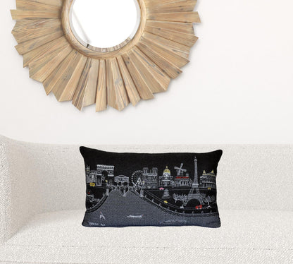24" Black and White Paris Nighttime Skyline Standard Lumbar Decorative Pillow