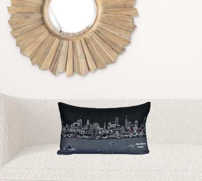 24" Black Philadelphia Nighttime Skyline Lumbar Decorative Pillow