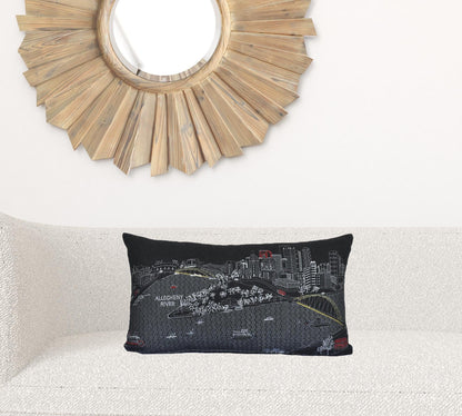 24" Black Pittsburgh Nighttime Skyline Lumbar Decorative Pillow