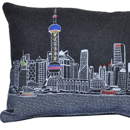 24" Black Shanghai  Nighttime Skyline Lumbar Decorative Pillow