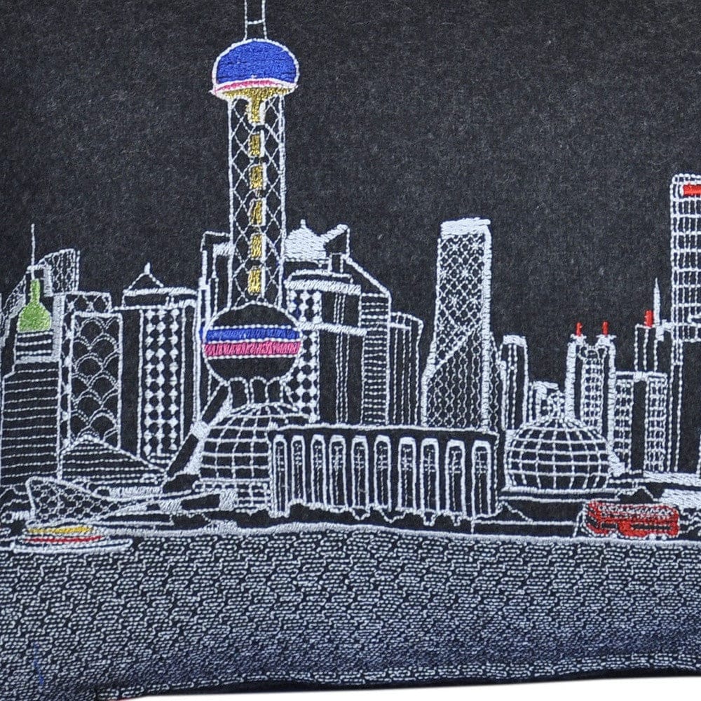 24" Black Shanghai  Nighttime Skyline Lumbar Decorative Pillow