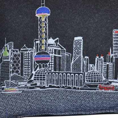 24" Black Shanghai  Nighttime Skyline Lumbar Decorative Pillow