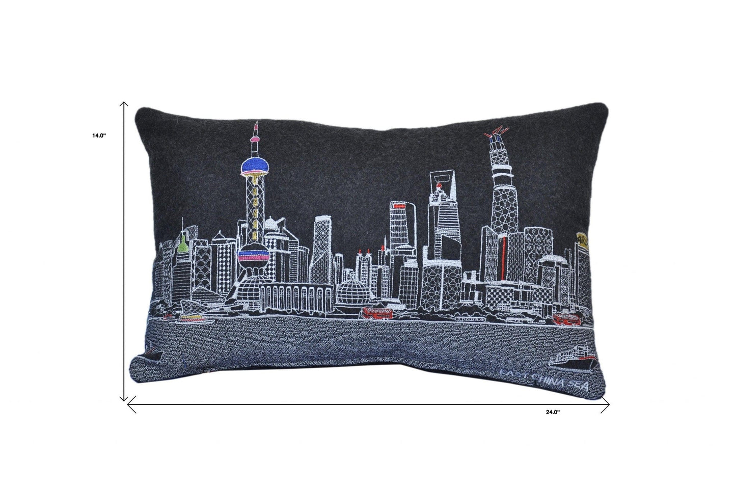 24" Black Shanghai  Nighttime Skyline Lumbar Decorative Pillow