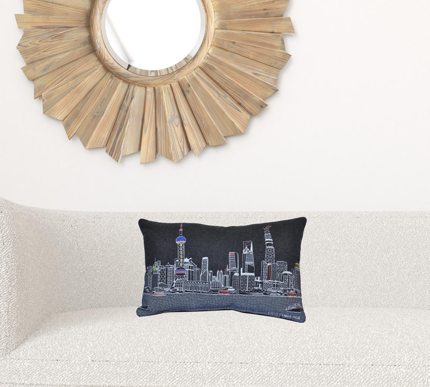 24" Black Shanghai  Nighttime Skyline Lumbar Decorative Pillow