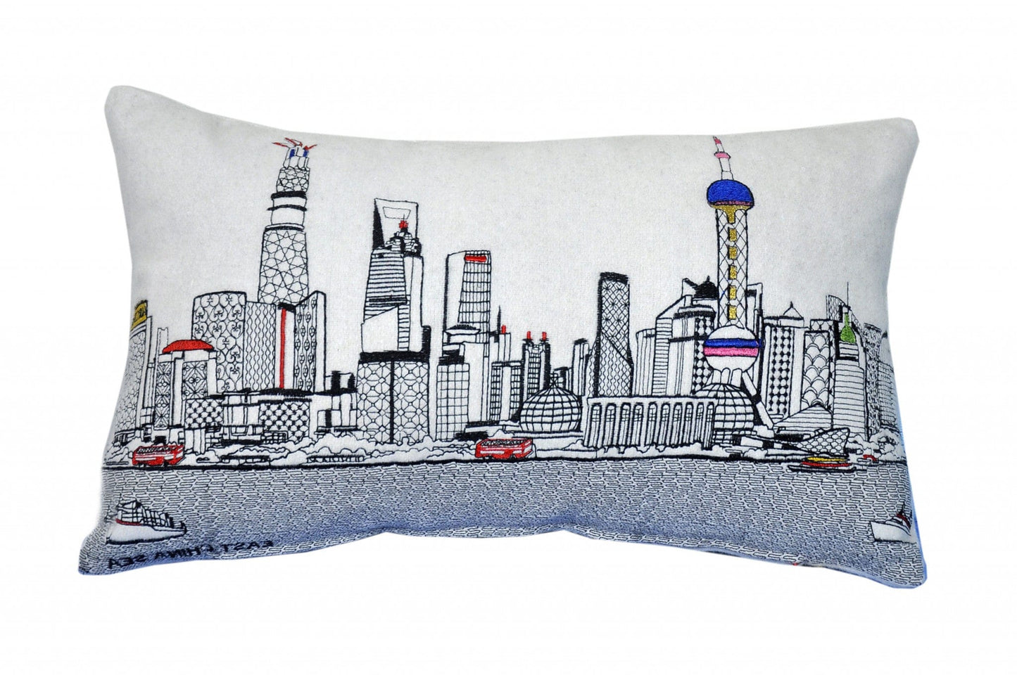 24" White Shanghai  Daylight Skyline Lumbar Decorative Pillow