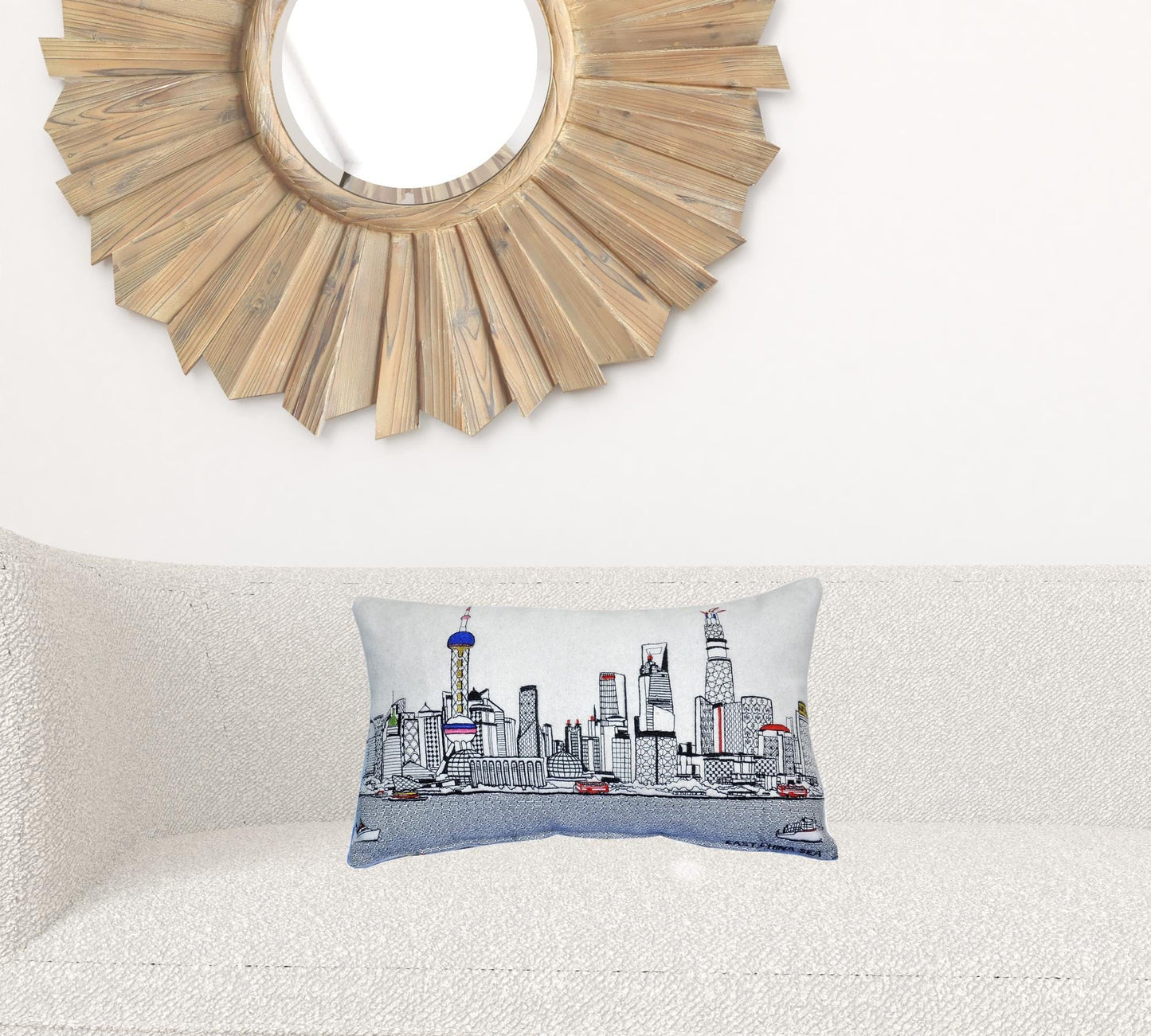 24" White Shanghai  Daylight Skyline Lumbar Decorative Pillow