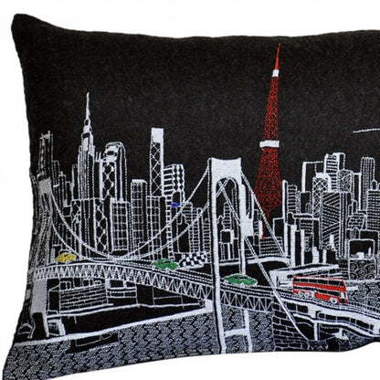 24" Black Tokyo Nighttime Skyline Lumbar Decorative Pillow
