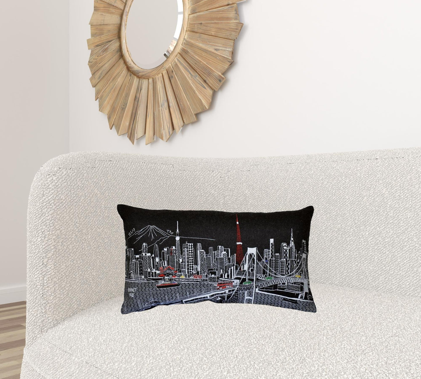24" Black Tokyo Nighttime Skyline Lumbar Decorative Pillow