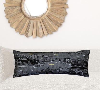35" Black Venice Nighttime Skyline Lumbar Decorative Pillow
