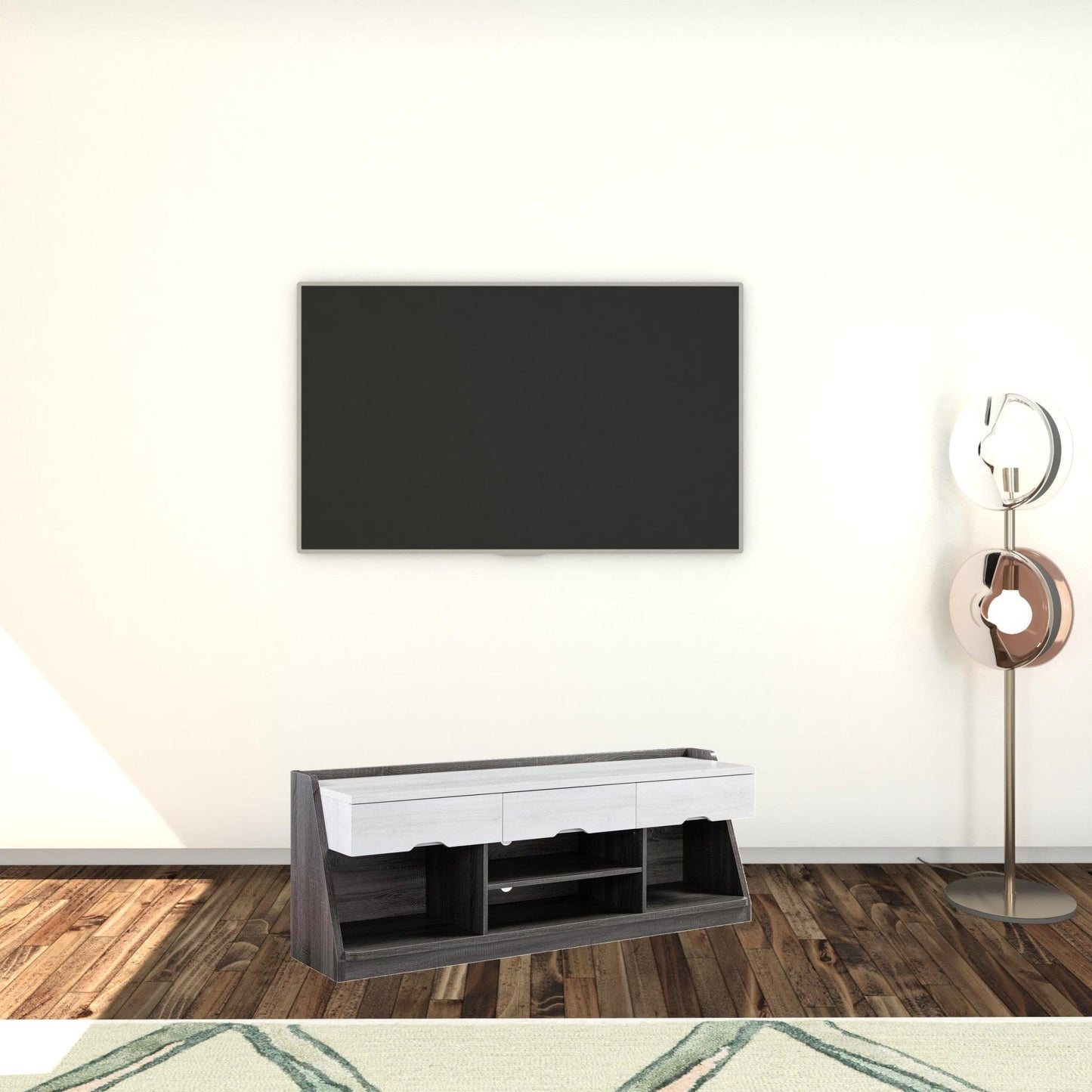 62" White Oak & Distressed Grey Particle Board Cabinetenclosed Storage Tv Stand