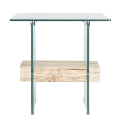20" Glass End Table with Natural Faux Wood Shelf