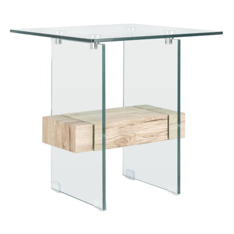 20" Glass End Table with Natural Faux Wood Shelf