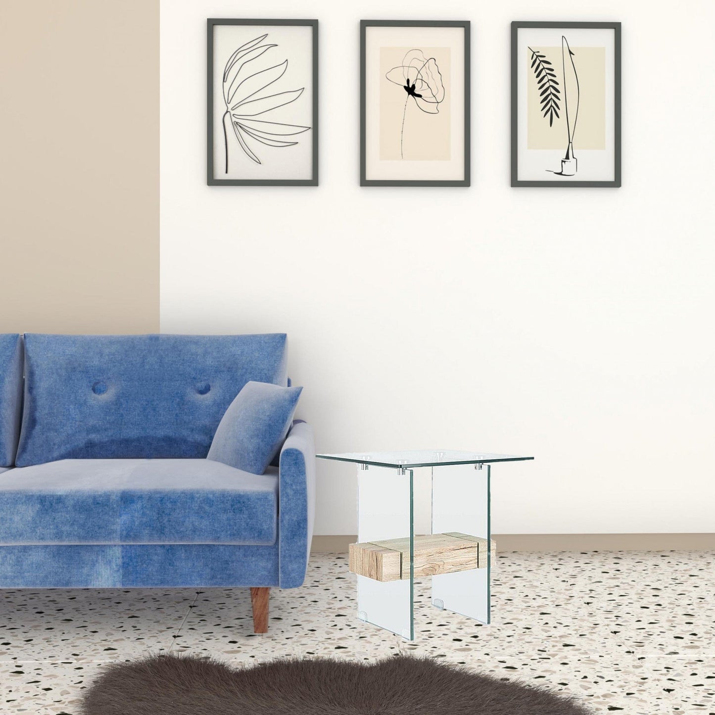 20" Glass End Table with Natural Faux Wood Shelf