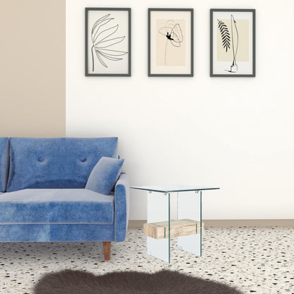 20" Glass End Table with Natural Faux Wood Shelf