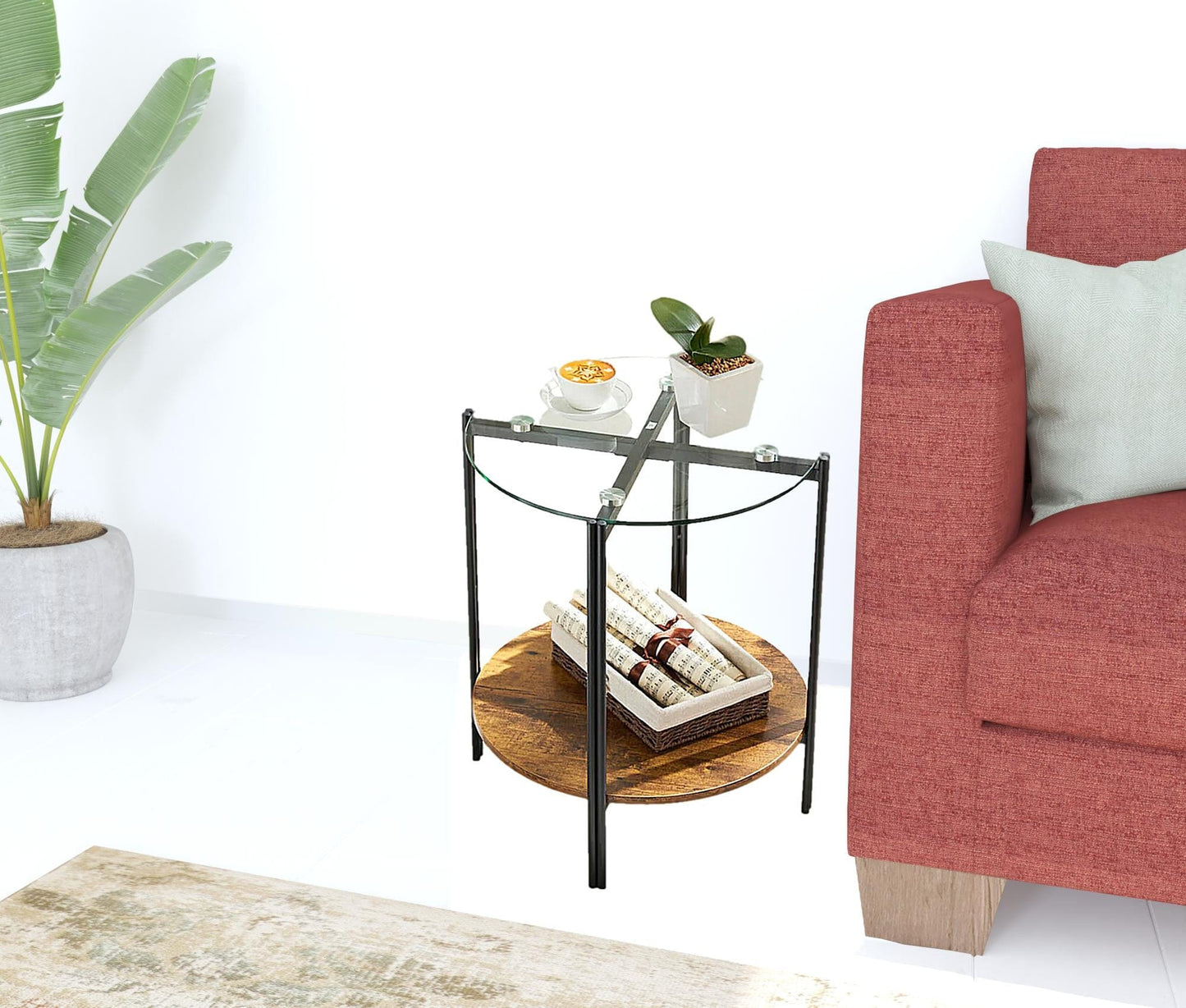 20" Glass Metal and Rustic Brown Two Tier End Table