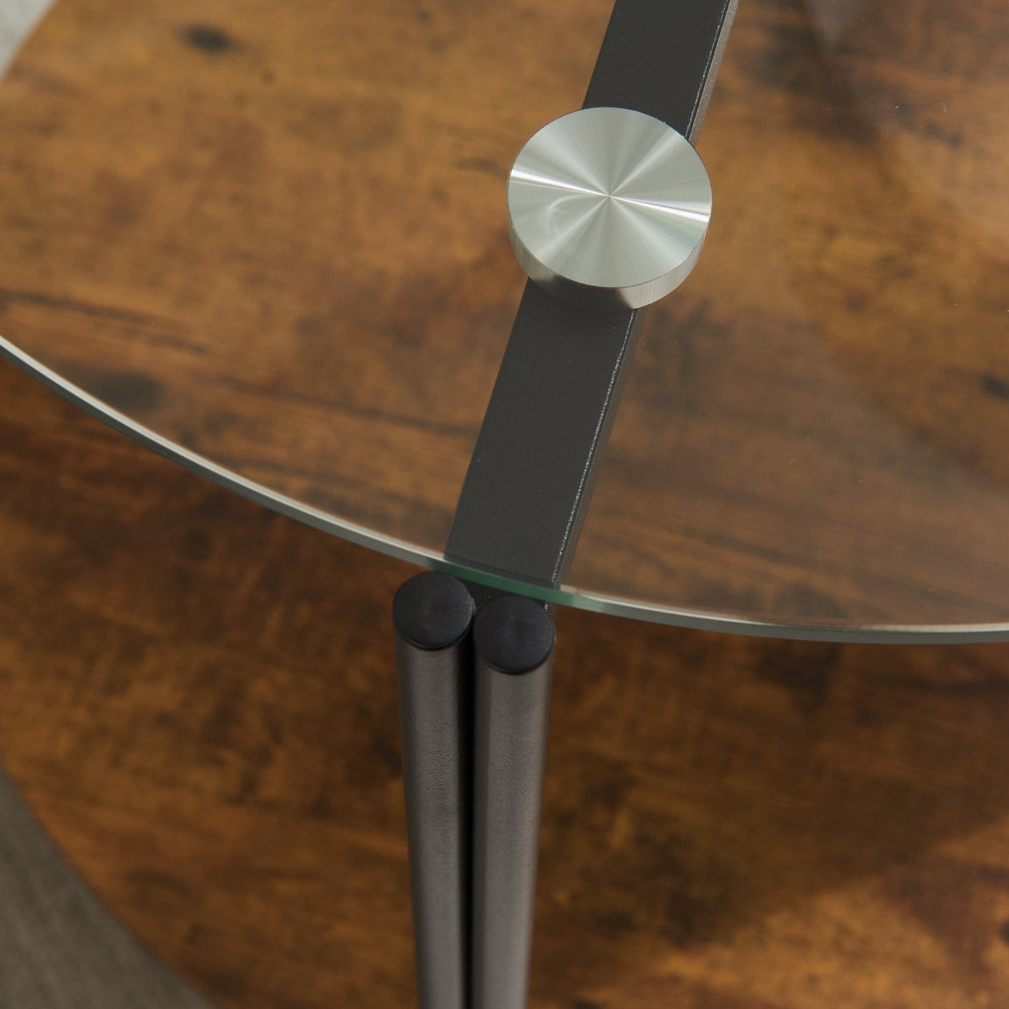 20" Glass Metal and Rustic Brown Two Tier End Table