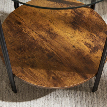 20" Glass Metal and Rustic Brown Two Tier End Table
