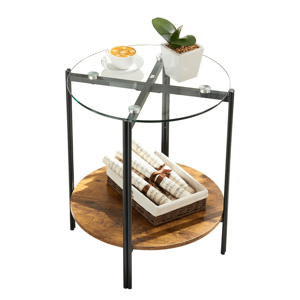 20" Glass Metal and Rustic Brown Two Tier End Table