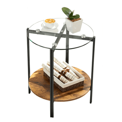 20" Glass Metal and Rustic Brown Two Tier End Table