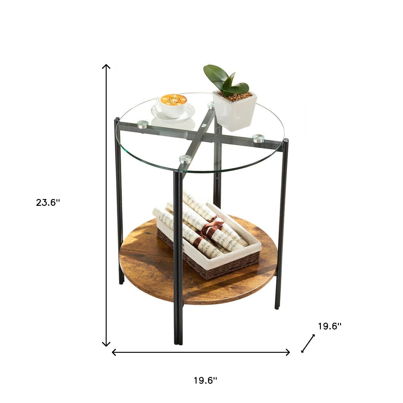 20" Glass Metal and Rustic Brown Two Tier End Table