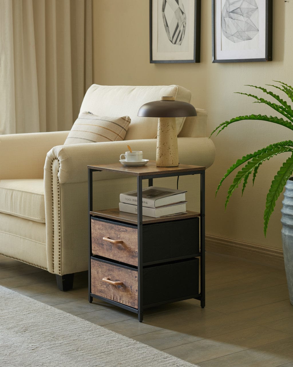 16" Brown Black Rustic Manufactured Wood End Table with Drawers