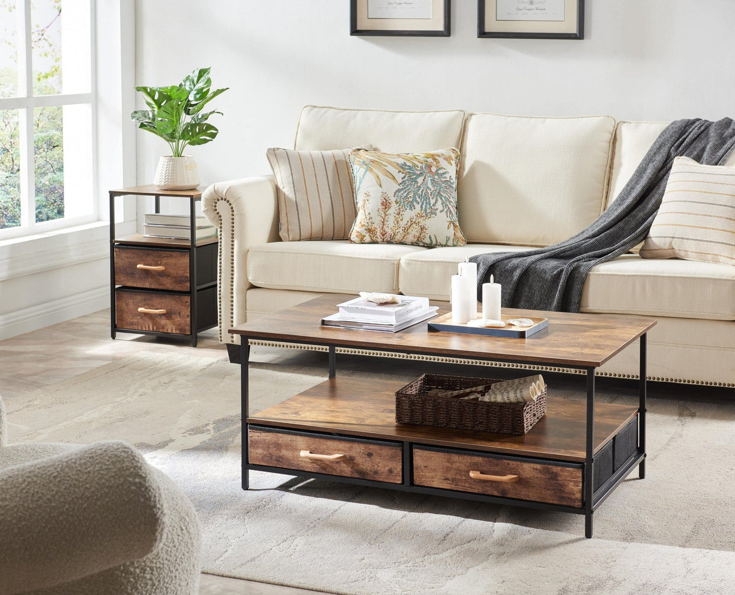 16" Brown Black Rustic Manufactured Wood End Table with Drawers