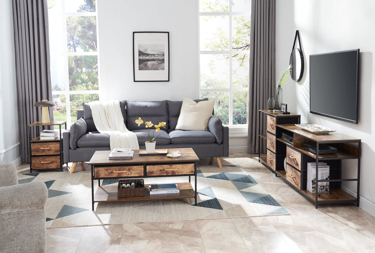 16" Brown Black Rustic Manufactured Wood End Table with Drawers