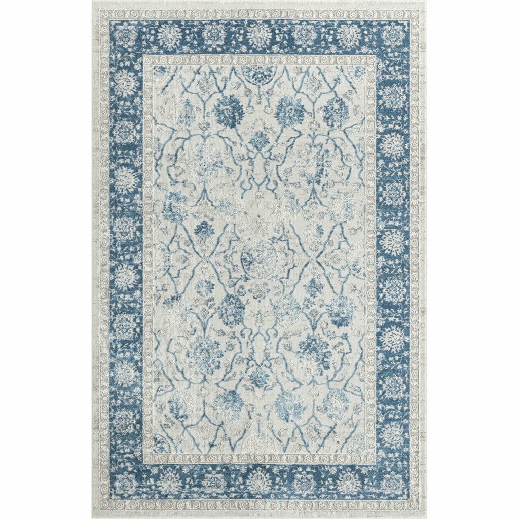 2' X 3' Blue Gray And Ivory Floral Stain Resistant Area Rug