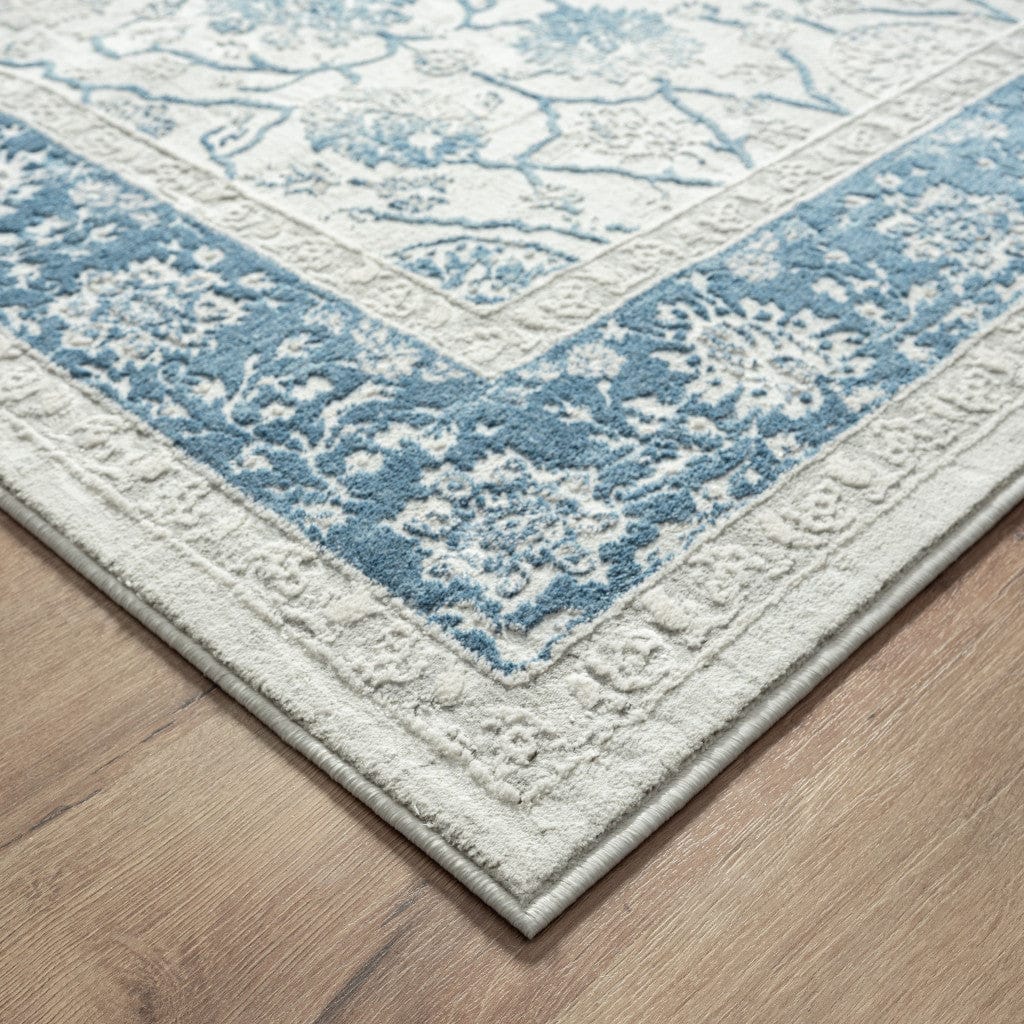 2' X 3' Blue Gray And Ivory Floral Stain Resistant Area Rug