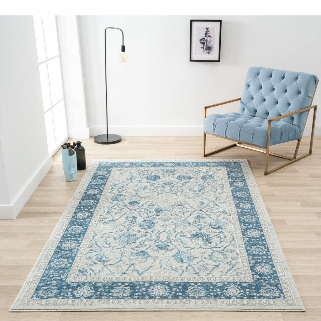 2' X 3' Blue Gray And Ivory Floral Stain Resistant Area Rug