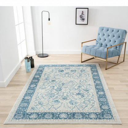 2' X 3' Blue Gray And Ivory Floral Stain Resistant Area Rug