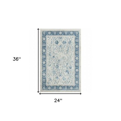 2' X 3' Blue Gray And Ivory Floral Stain Resistant Area Rug