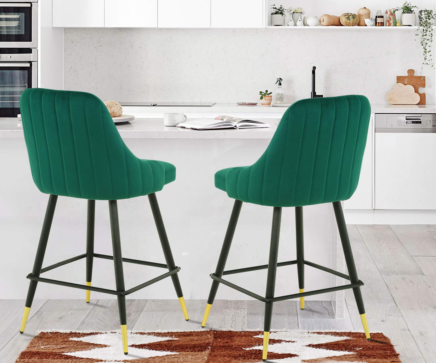 Set Of Two 35" Green and Black Bar Height Chairs