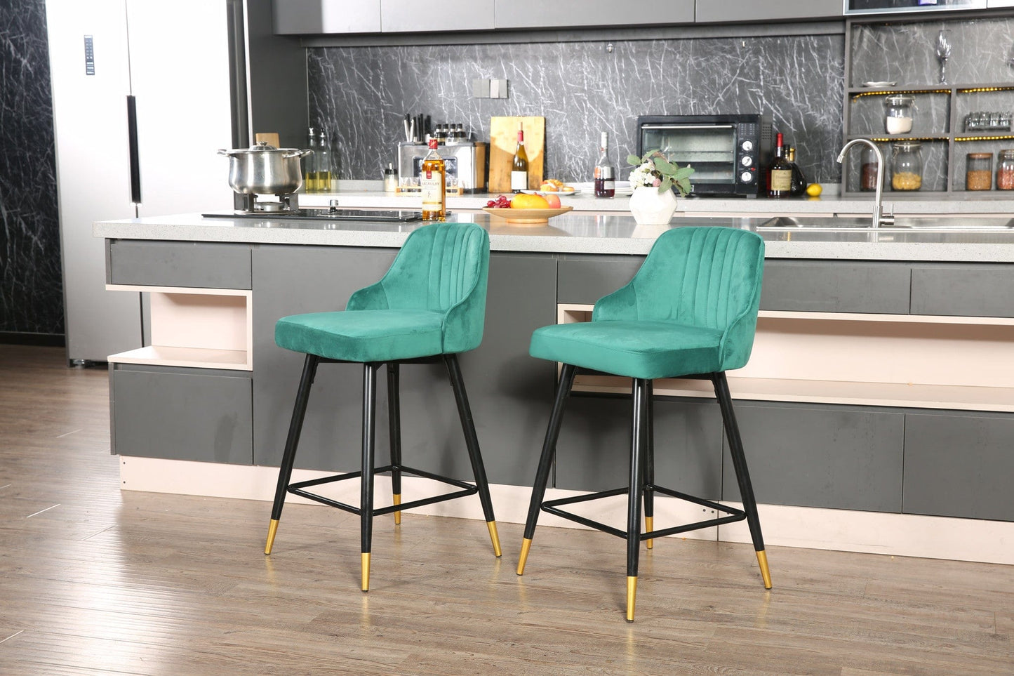 Set Of Two 35" Green and Black Bar Height Chairs