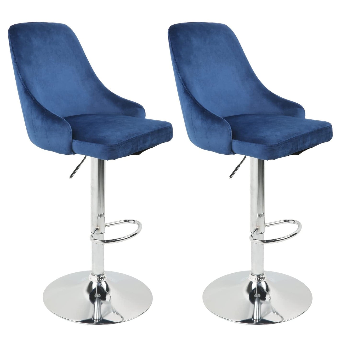 Set Of Two 47" Blue Silver Pedestal Swivel Bar Chairs