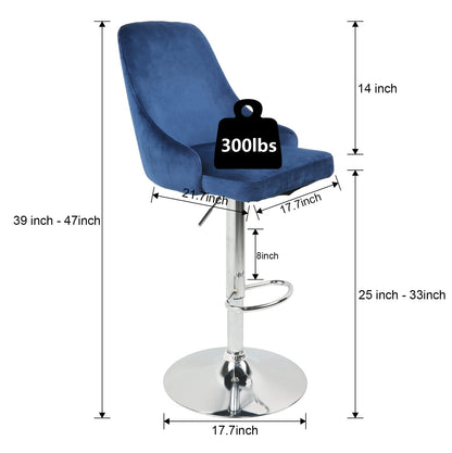 Set Of Two 47" Blue Silver Pedestal Swivel Bar Chairs