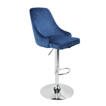 Set Of Two 47" Blue Silver Pedestal Swivel Bar Chairs