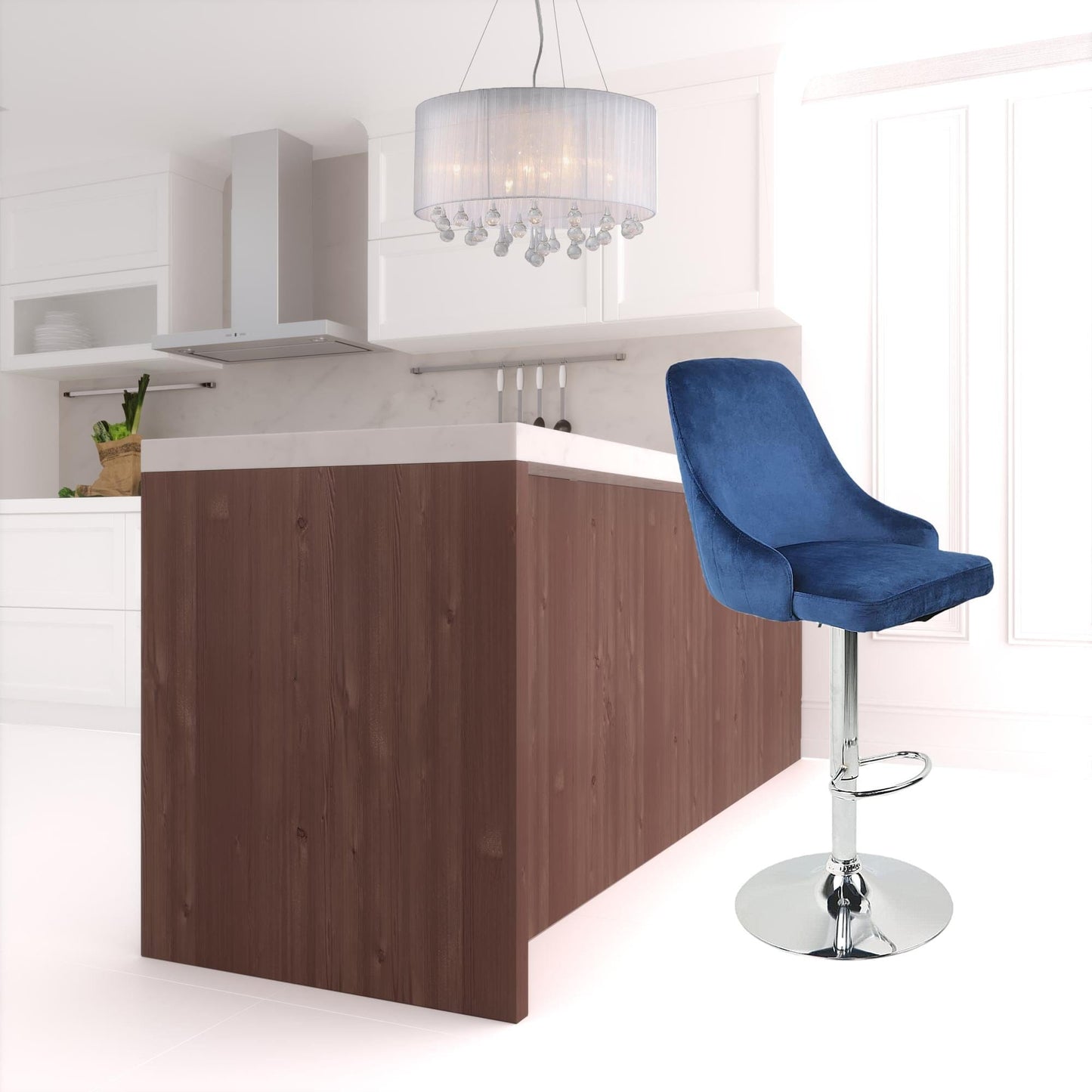 Set Of Two 47" Blue Silver Pedestal Swivel Bar Chairs