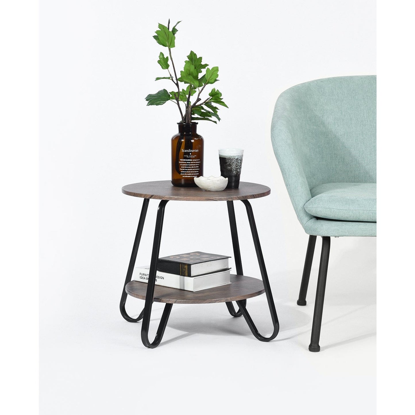 18" Black And Dark Brown Manufactured Wood And Steel Round End Table