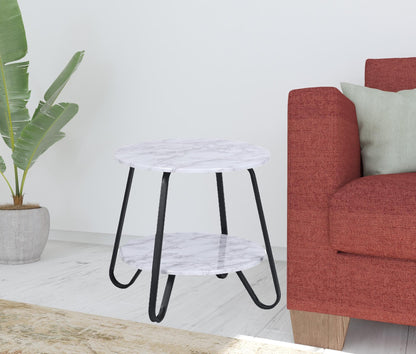 18" Black And Marble White Manufactured Wood And Steel Round End Table