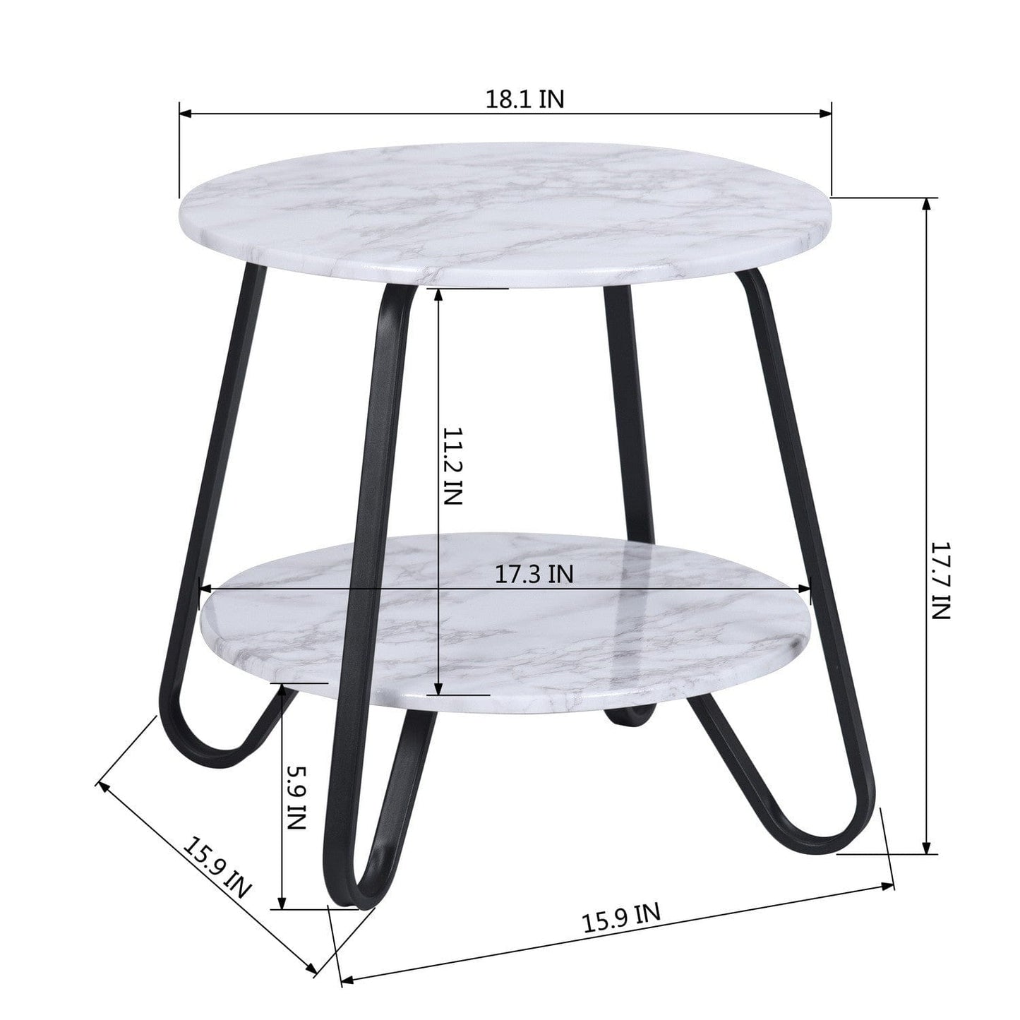 18" Black And Marble White Manufactured Wood And Steel Round End Table