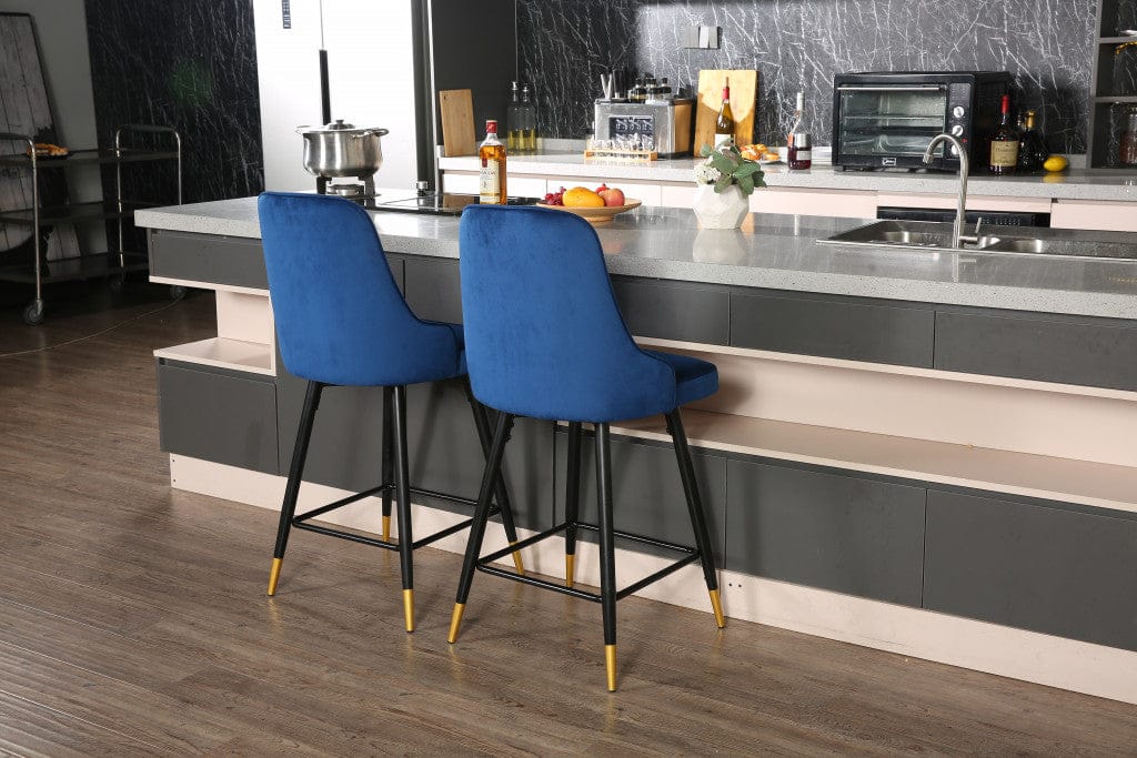 Set Of Two 35" Blue Velvet And Black Bar Chairs