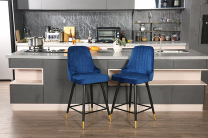 Set Of Two 35" Blue Velvet And Black Bar Chairs