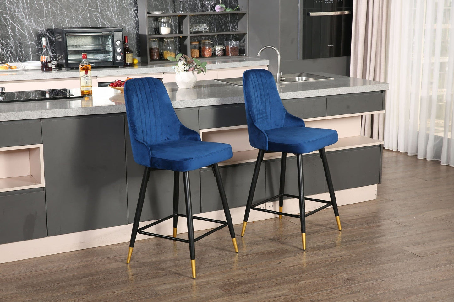 Set Of Two 35" Blue Velvet And Black Bar Chairs